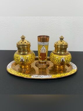 Vintage Enameled Brass Salt and Pepper Set Tray India